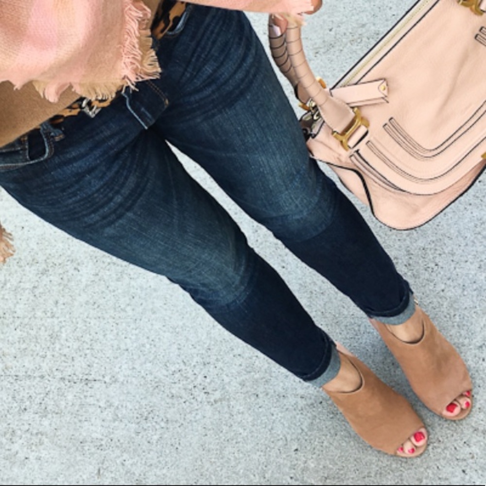 Suede Cognac Peep Toe Block Heel Slingback Sandal - Picture 4 of 7